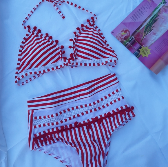 New Red and White Pom Pom Bikini - Picture 1 of 6